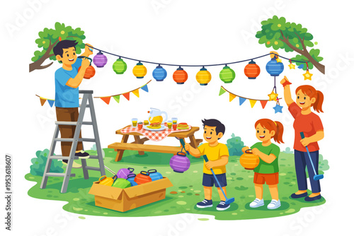 Family decorating outdoor party with colorful lanterns and picnic setup.