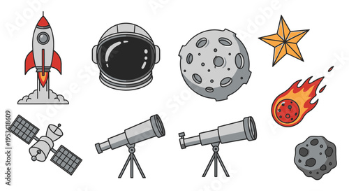 Space objects and astronomy equipment.