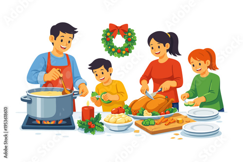 Family preparing holiday feast together with christmas decorations.