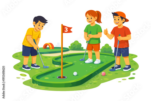 Children playing mini golf outdoors in summer park.