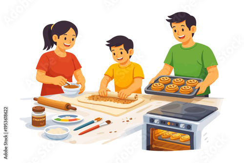 Family baking activity with young asian children and adult preparing cinnamon rolls.
