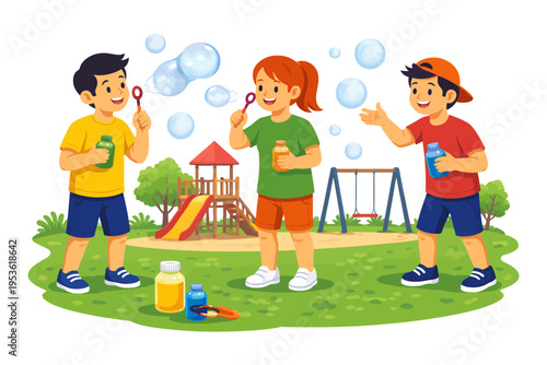 Children playing outdoors with bubbles in a playground setting.
