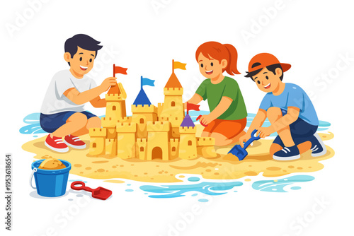 Children building sandcastle on beach with buckets and shovels.
