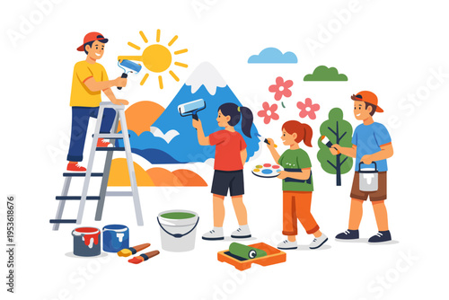 Children painting mural of nature scene with mountains and flowers.