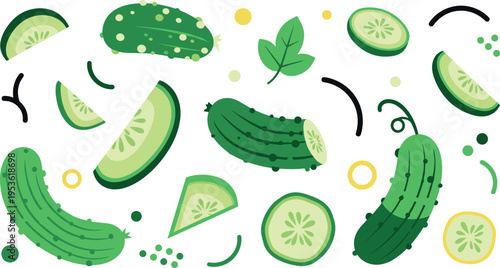 Set of fresh cucumber slices and whole cucumbers with leaves and abstract elements in flat colorful vector illustration style
