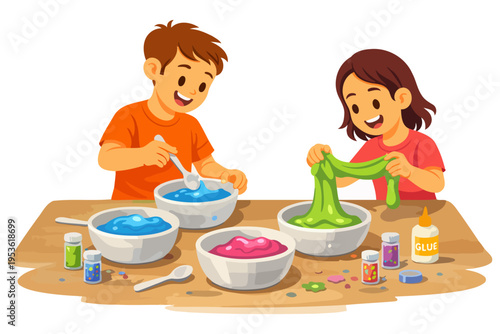 Children making colorful slime with bowls and supplies at a table.