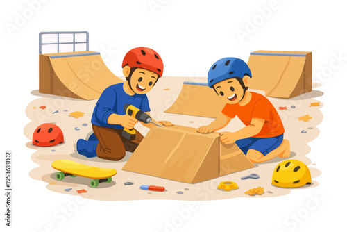 Young boys building skate ramp in playground with helmets and tools.
