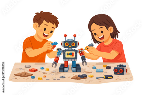 Children assembling a toy robot together in a creative workshop.