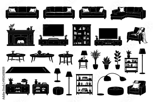 Black silhouette living room furniture set with sofa, shelves, tables, and decor.