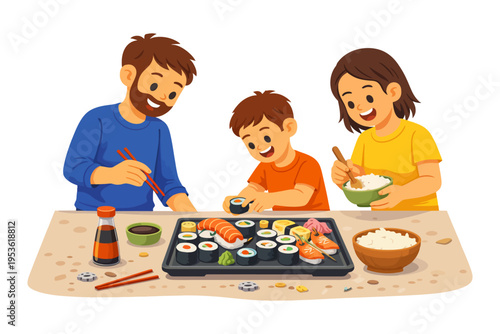 Family enjoying sushi meal together with smiles and laughter.