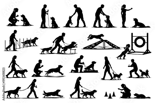 Silhouettes of dog training activities with adults and dogs in action.