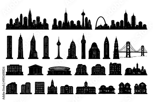Diverse urban skyline silhouettes featuring iconic global landmarks.