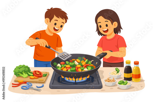 Two kids cooking together - young caucasian boy and girl preparing a colorful vegetable stir fry.