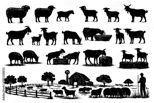 Farm animals and silhouettes: sheep, goats, farmhouse, and pastoral scenery.