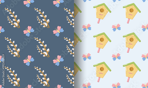 Split seamless spring design left side with pussy willow branches and butterflies on dark blue background right side with birdhouses and butterflies on light blue background, cheerful seasonal pattern