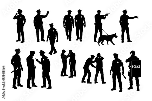 Silhouettes of police officers in various actions and poses.