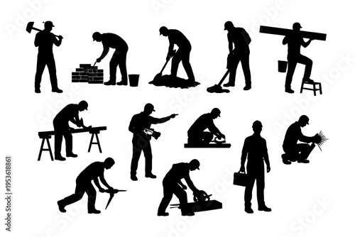 Silhouettes of male construction workers in various tasks and poses.