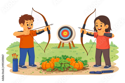 Children practicing archery with pumpkins and targets in a garden setting.