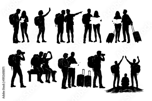 Silhouette travelers with backpacks and luggage.