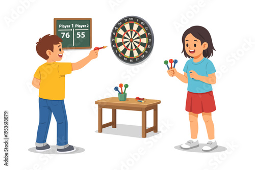 Young caucasian children playing darts indoors with scoreboard and target.