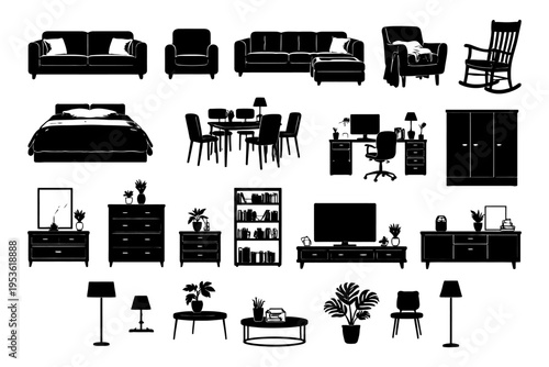 Stylish furniture silhouettes: sofas, beds, tables, chairs, cabinets, decor.
