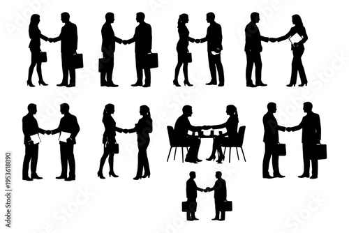 Silhouette business interactions with male and female figures.