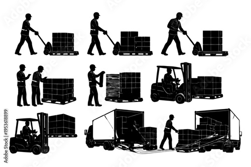 Silhouettes of workers loading and unloading goods with pallet jacks and forklifts.