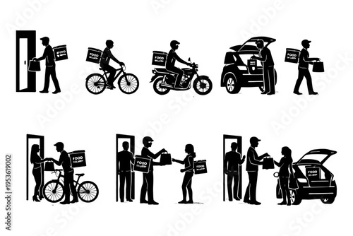 Food delivery service icons featuring male couriers on bicycle, motorcycle, and car.