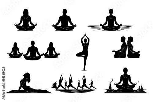 Silhouette yoga poses men women meditation fitness exercise balance relaxation.