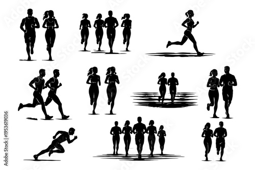 Silhouette of runners in various poses and groups on white background.
