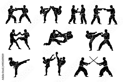 Silhouettes of martial artists practicing various techniques and weapons.