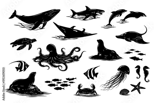 Silhouette collection of marine animals: sharks, dolphins, sea turtles, octopus, jellyfish, starfish.