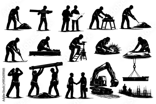 Silhouettes of construction workers in various building activities.