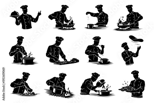 Silhouette of chefs engaged in various culinary activities with flames and ingredients.