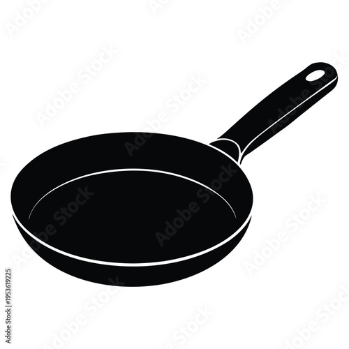 A simple black and white illustration of a frying pan showcasing its rounded shape and long handle