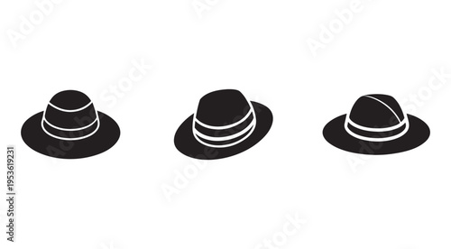 Three black hats with white stripes isolated on white background  various angles