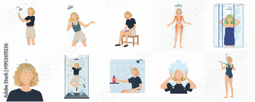 Minimalist Depiction Blonde Woman Showering and Washing in Various Poses Illustration