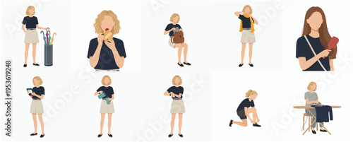 Flat Style Diverse Woman Character Set in Various Poses Illustration