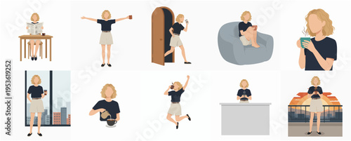 Minimalist Flat Illustration of Woman in Daily Life Poses and Activities