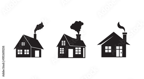 Three black house silhouettes with smoke coming out of chimneys on white background  simple house icons