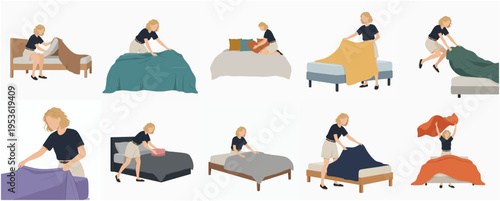 Flat Style Detailed Woman Making Bed with Various Linens Illustration