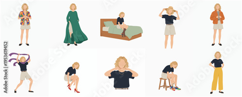 Minimalist Flat Illustration of Woman in Different Poses and Situations Set