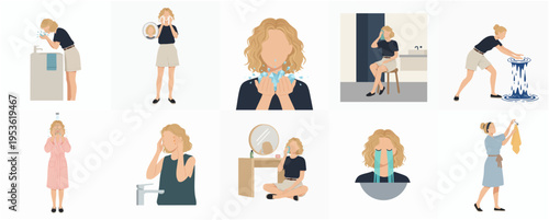 Flat Graphic Woman Daily Routine Skincare and Housework Activity Illustration Set