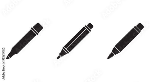 Three black markers or felttip pens with white stripes on white background for drawing and coloring  office and art supplies