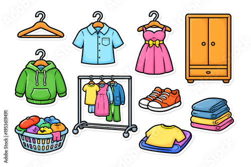 Cartoon wardrobe essentials including clothing, shoes, hangers, and wardrobe cabinet.