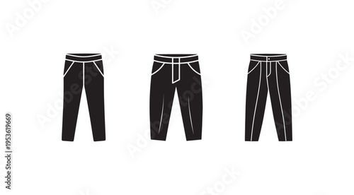 Three black pants with white outlines in different views  front and side  isolated on white background
