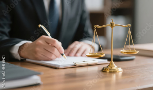 A person in formal attire writes beside the scales of justice, presenting a professional and rigorous legal consultation scene, making it a material image suitable for legal and business scenarios.