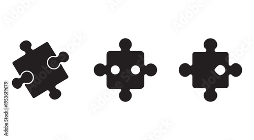 Three black puzzle pieces on a white background puzzle pieces for problem solving and unity concept