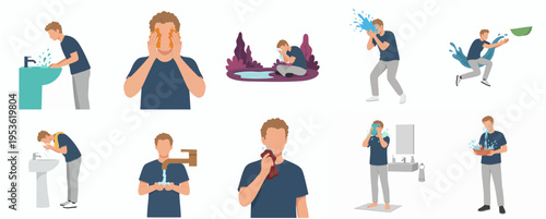 Flat Design Man Washing Face and Body Various Action Illustration Set