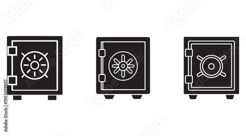 Three black safe boxes with different dials and handles  isolated on white background